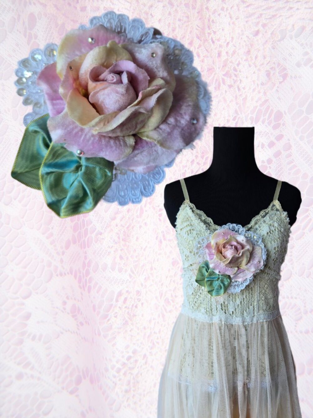 Large Handmade Pink Blush Velvet Millinery Rose and Lace Brooch Romantic Cottage